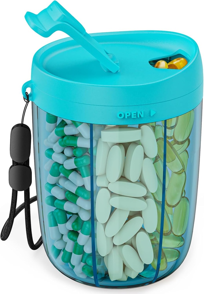 PULIV Large Pill Bottle Organizer, Supplement Organizer for Holding 6 Various Vitamins, Pill Box Case with Anti-Mixing & Wide Opening Design, Easy to Retrieve Meds and 20 Pcs Stick-on Labels, Blue