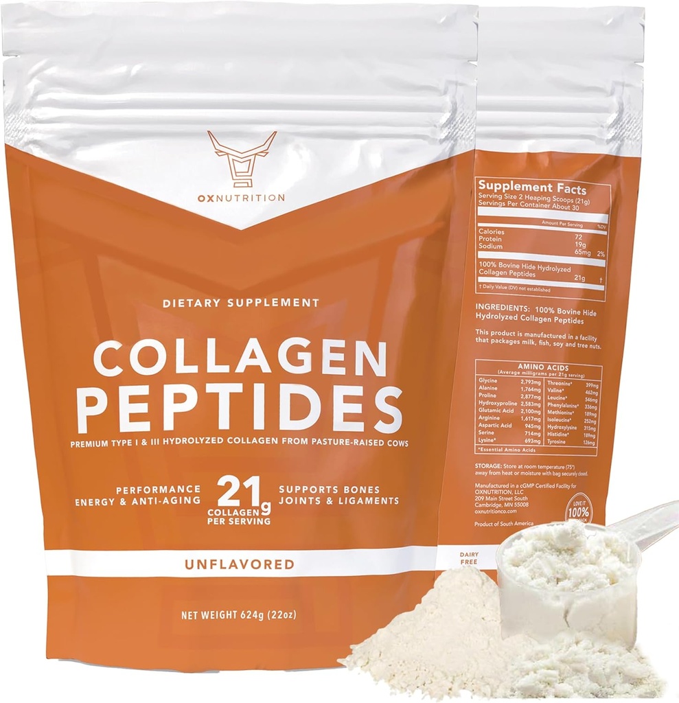 OX Collagen Powder for Women Men (22oz) Type I & III Flavorless & Odorless Easy-Mix Hydrolyzed Peptan Protein Peptides Joint Hair Skin & Nail Support Gluten-Free Non-GMO Keto Paleo Grass-Fed Kosher