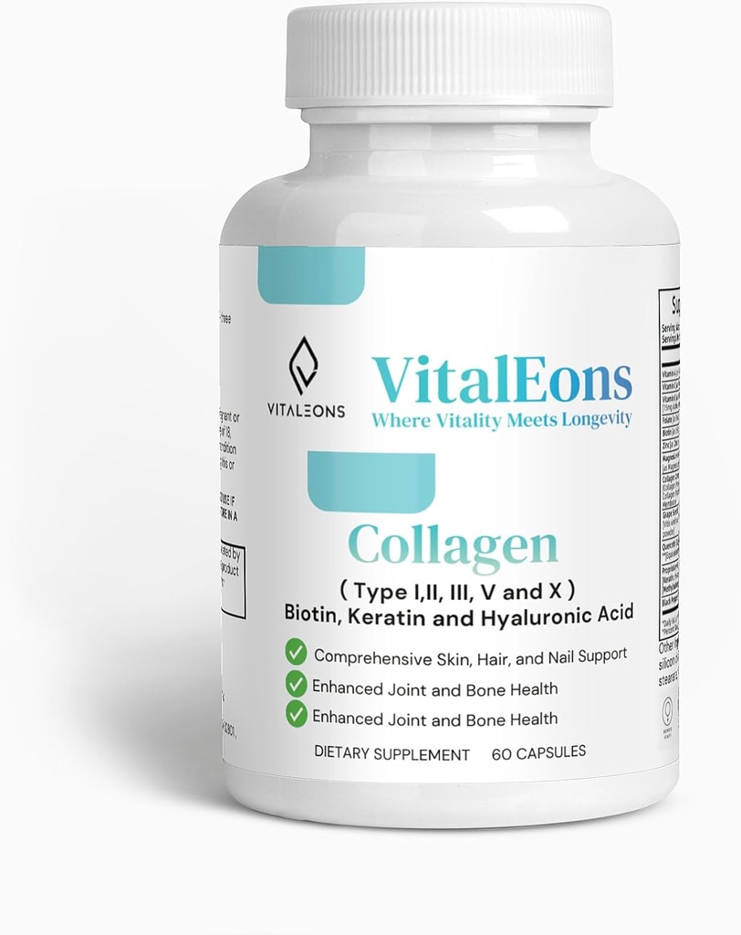 Collagen Hair, Skin and Nail Supplement for Women - Type I, II, III, V, X, Collagen Capsules Enhanced with Biotin, Keratin & Hyaluronic Acid - Comprehensive Skin, Hair & Nail Support