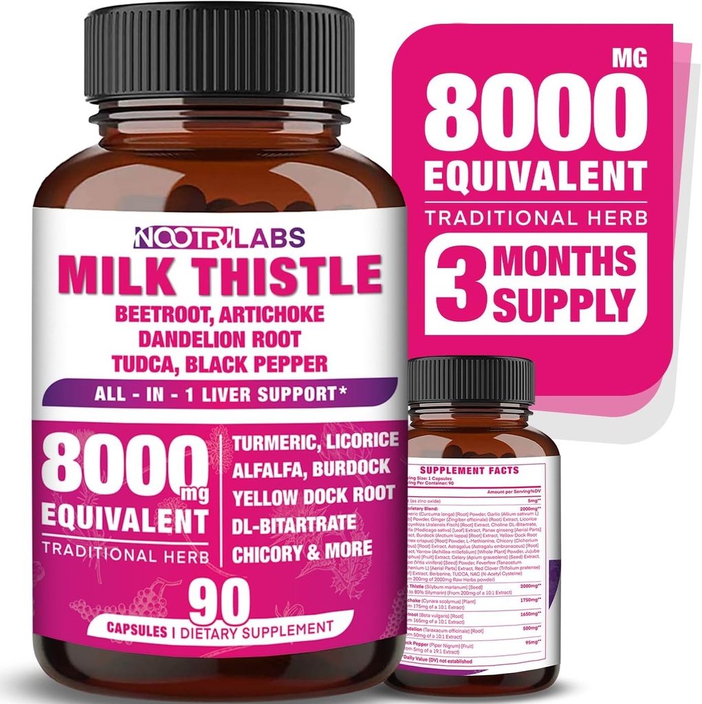 All-in-1 8000mg Highest Potency Milk Thistle NAC BeetRoot Artichoke Dandelion Root - Liver Health Support, Cleanse Detox & Repair, Antioxidant, Plus TUDCA Choline and Ginger - 90 Vegan Capsules