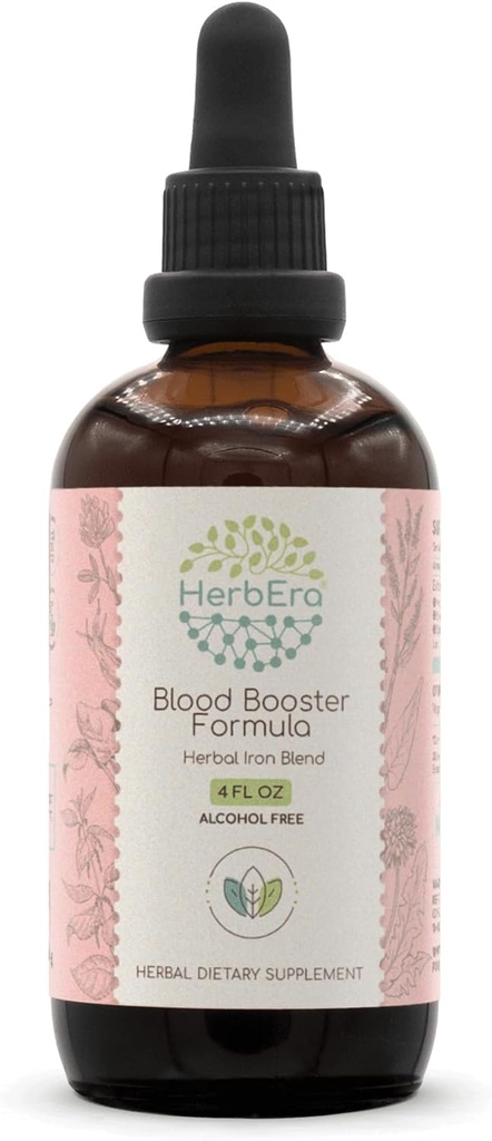 HerbEra Blood Booster Formula B120 Alcohol-Free Extract Tincture: Stinging Nettle Leaf, Dandelion Leaf, Spinach, Spirulina, Alfalfa, Yellow Dock Root, Herbal Iron Blend 4 Fl Oz