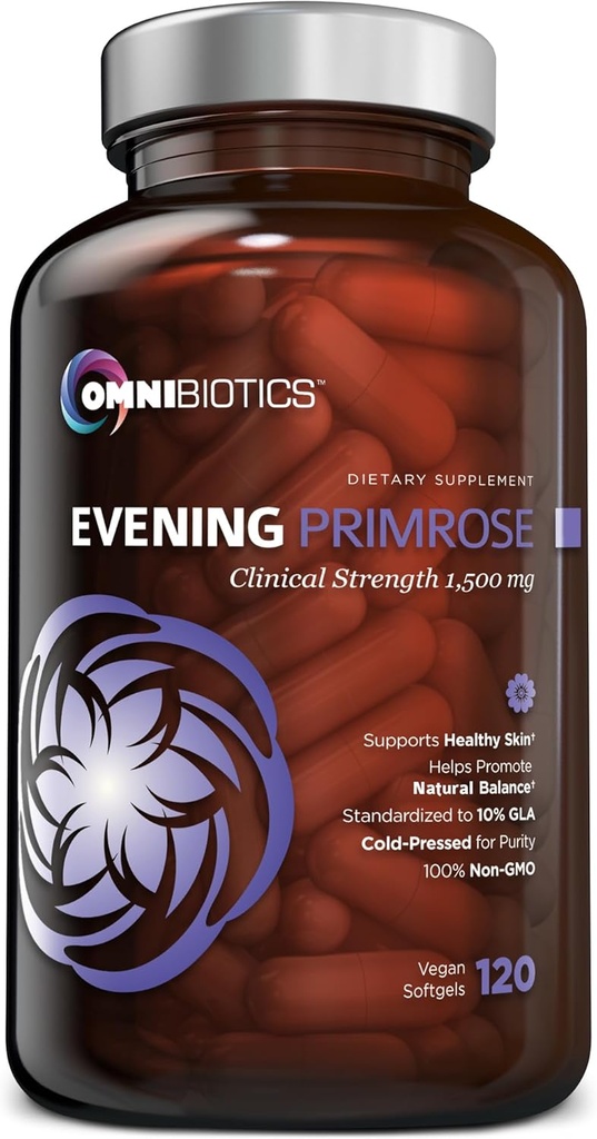 OmniBiotics Organic Evening Primrose Oil for Women – Clinical Strength 1500mg per Capsule, 10% GLA, Cold-Pressed, Non-GMO, Hormone Balance for Women – 120 Vegan Softgel Capsules