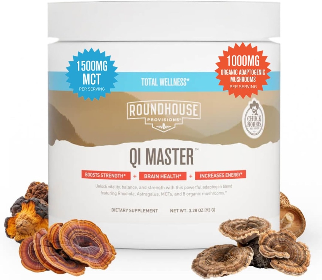 ROUNDHOUSE PROVISION Qi Master Adaptogen Blend, Earthy Mushroom Flavor with Astragalus Root, Rhodiolife Extract, MCT, 8 Organic Mushrooms (30 Scoops) by Chuck Norris
