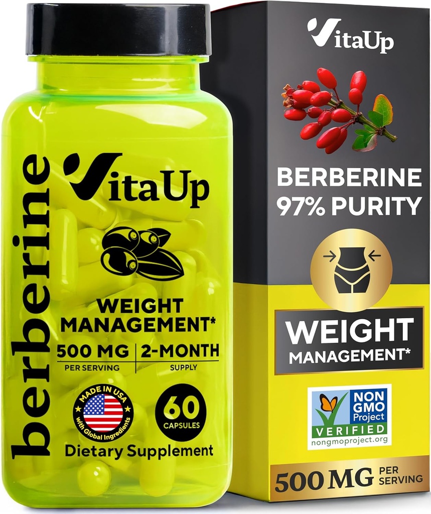 Berberine Supplement 500mg - USA Made Berberine 500mg - Non-GMO Berberine HCL - Berberine Supplements for Weight Management, Energy, Immune Support - 60 Capsules