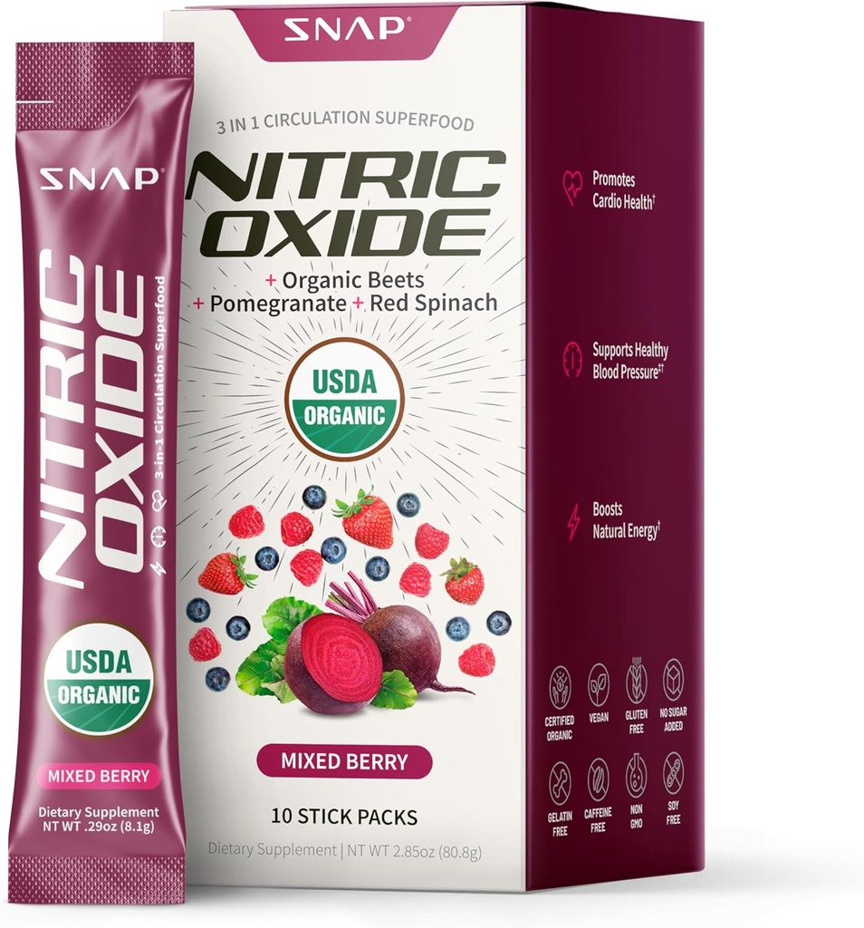 Snap Supplements USDA Organic Beet Root Nitric Oxide Supplement, Supports Circulation and Healthy Blood Pressure Already Within Normal Range, 10 Single-Serve Packs, Mixed Berry