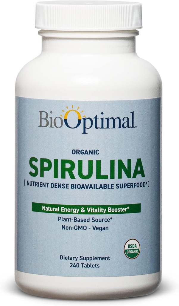 BioOptimal Organic Spirulina Tablets - Organic, Non-GMO, No Additives or Fillers - 500mg Premium Quality Dietary Supplement with Vitamins, Minerals, & Antioxidants (240 Tablets)