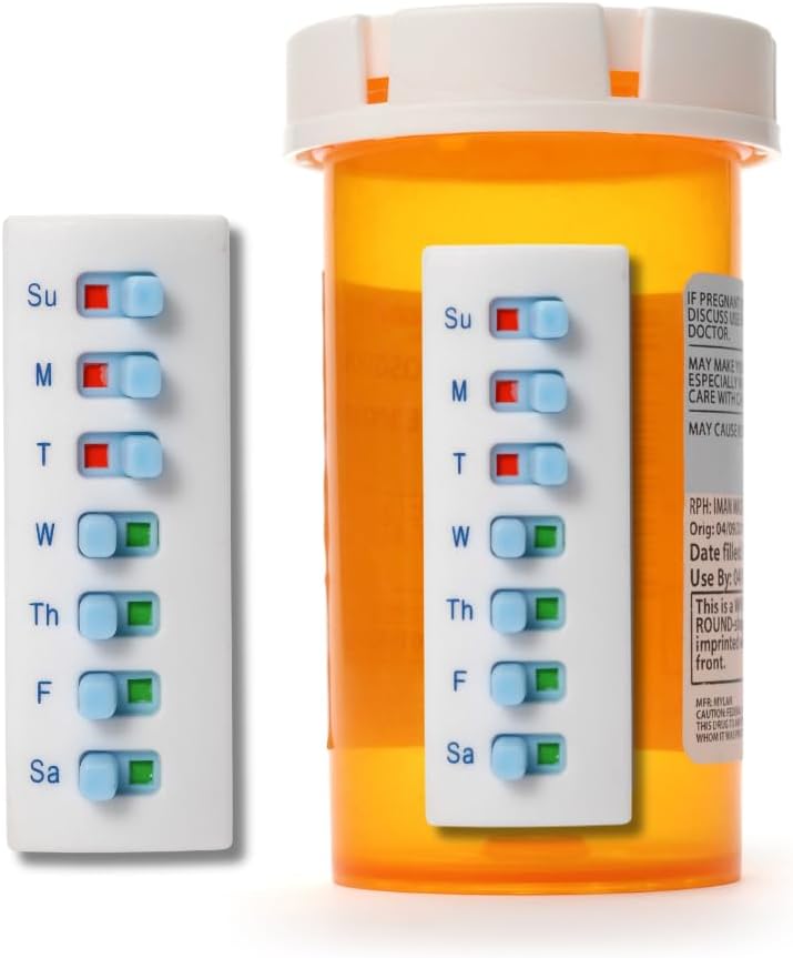 Peel and Stick Reusable for 12 + Refills, Pill/Medication/Vitamin/Pet Med Tracker & Reminder, Attach to Your Bottle, Organizer-Free, Curved‑Back (White, 2-Pack)