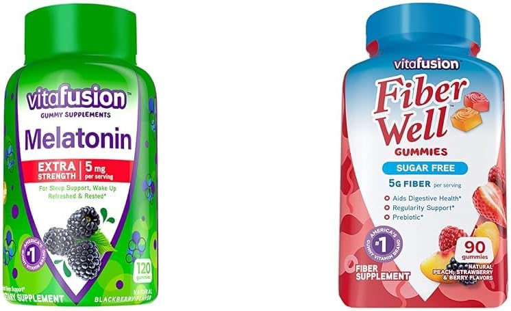 Vitafusion Extra Strength Melatonin Gummy Vitamins, 5mg, 120 ct Gummies & Fiber Well Sugar Free Fiber Supplement, Peach, Strawberry and BlackBerry Flavored Supplements, 90 Count