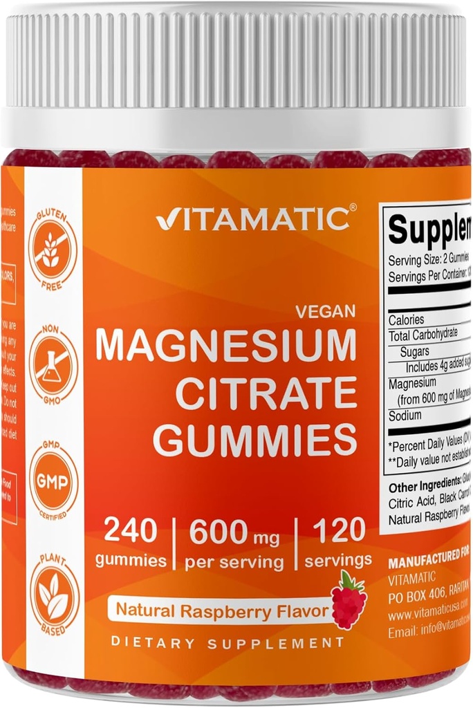 Vitamatic Magnesium Citrate Gummies 600mg per Serving - 240 Vegan Gummies - Natural Raspberry Flavor - High Absorption Magnesium Supplement - Supports Nerve, Bone and Muscle Health