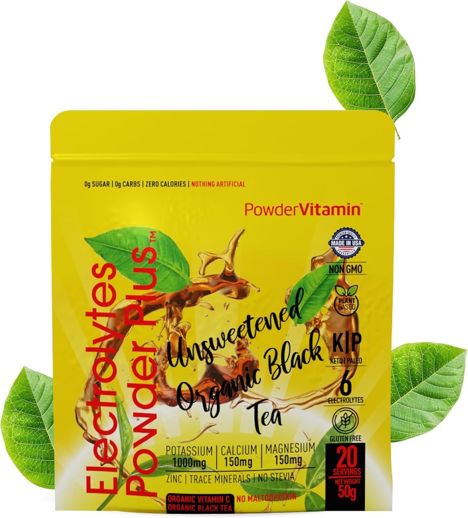 PowderVitamin Electrolytes Powder Plus (20 Servings) Unsweetened Black Tea Electrolyte Powder Keto,SugarFree, Pink Himalayan Salt,1000mgPotassium,150mgCalcium,150mgMagnesium,Hydration Powder NO STEVIA