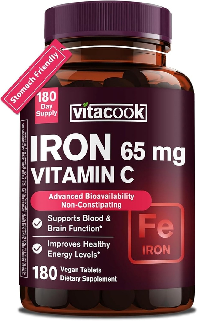 Iron Supplement for Women Men, High Potency Iron 65mg with Vitamin C 250mg, Stomach Friendly Iron Pills for Red Blood Cell & Immune Support, Non-GMO & Gluten Free,180 Vegan Tablets