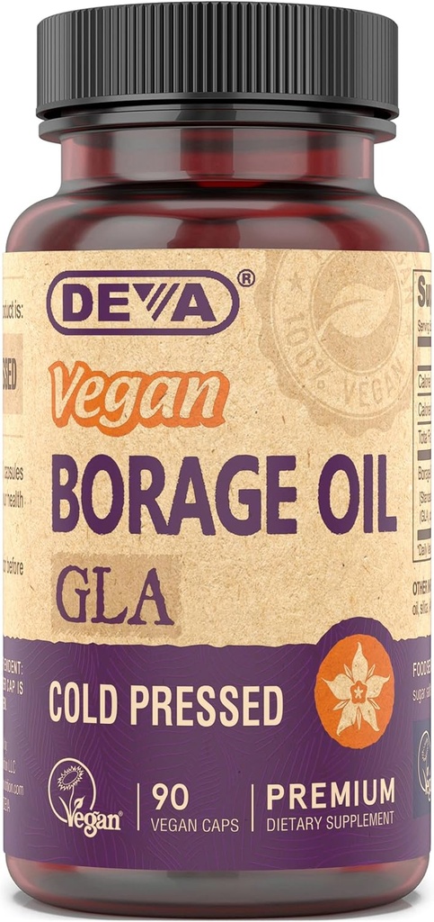 DEVA Vegan Vitamins, Borage Oil 500mg, Source of Omega-6 Fatty Acid GLA (Gamma linolenic Acid), Cold-Pressed & Unrefined, 90 Tablets 1-Pack