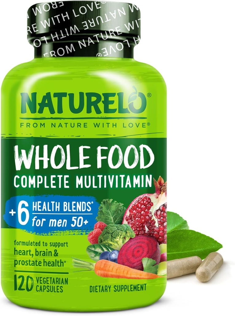 NATURELO Whole Food Multivitamin for Men 50+ - with Vitamins, Minerals, Organic Herbal Extracts - Vegan Vegetarian - for Energy, Brain, Heart and Eye Health - 120 Capsules