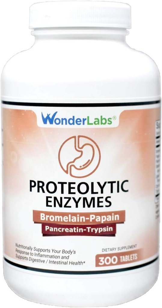 Wonder Laboratories Proteolytic Enzymes | Bromelain Papain Pancreatin Trypsin 550 mg Total with Standardized Amylase, Lipase, and Protease, 300 Tablets