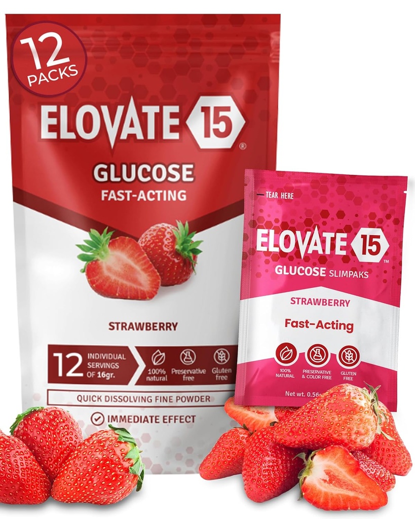 Fast Acting Glucose Packets - Quick Dissolving, Gluten-Free 15g of Glucose Powder Packets for Sugar & Energy Dips - Oral Dextrose Powder for Kids & Adults, Hypoglycemia (12 x Strawberry)