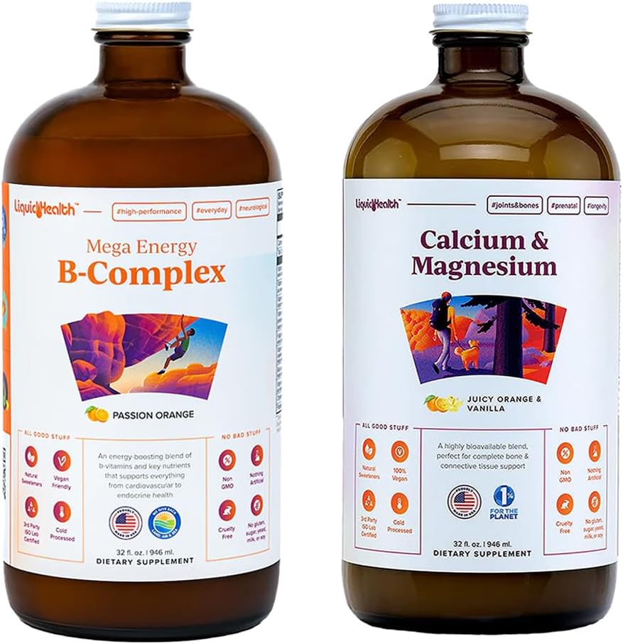 LIQUIDHEALTH Mega Energy B-Complex & Calcium and Magnesium Liquid Vitamin Bundle for Adults - Increase Natural Energy Level, Support Bone & Joint Health, Boost Immune System - Vegan, Non-GMO, USA Made