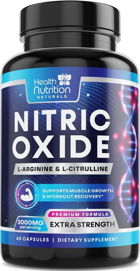 Extra Strength Nitric Oxide Booster 3000mg - 3X L-Araginine AKG & HCI + L-Citrulline Malate - Best Muscle Supporting Nitric Supplement - Natural Energy, Heart Health Support Bottled USA - 60 Capsules