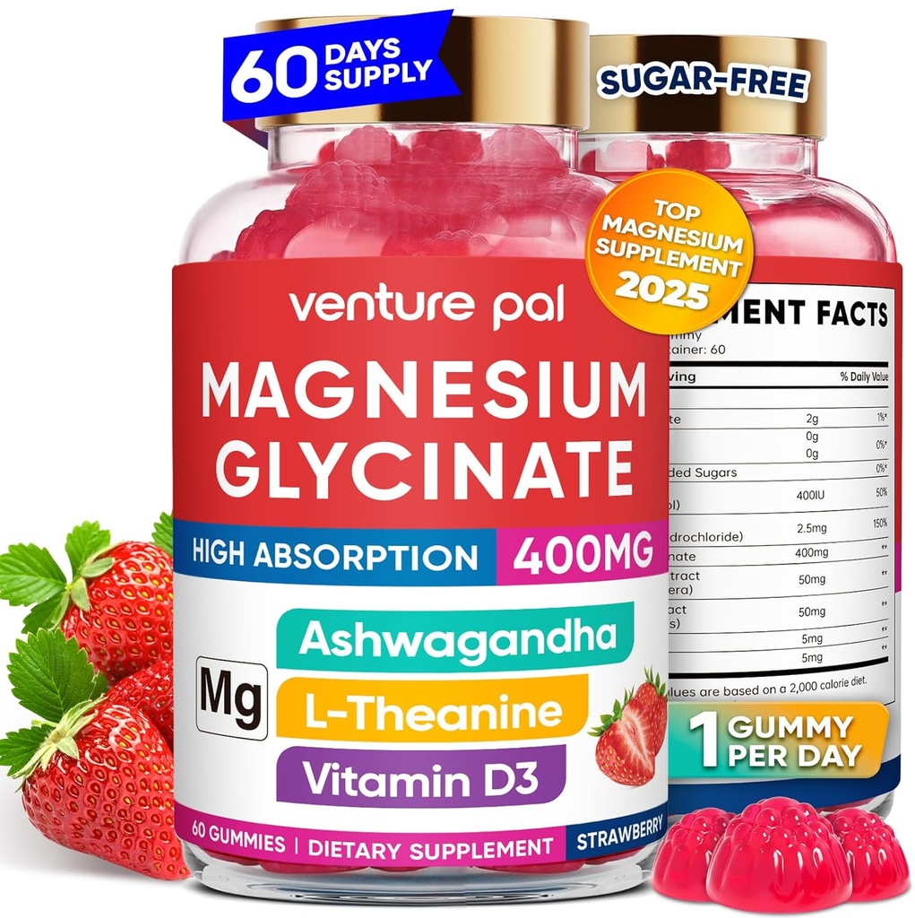 60 Day Supply Magnesium Glycinate 400mg Gummies with Ashwagandha, L-Theanine, CoQ10, Vitamin D3 & B6, Sugar Free Magnesium Gummies for Adults & Kids, Stress Relief, Sleep & Calm, Vegan, Gluten Free