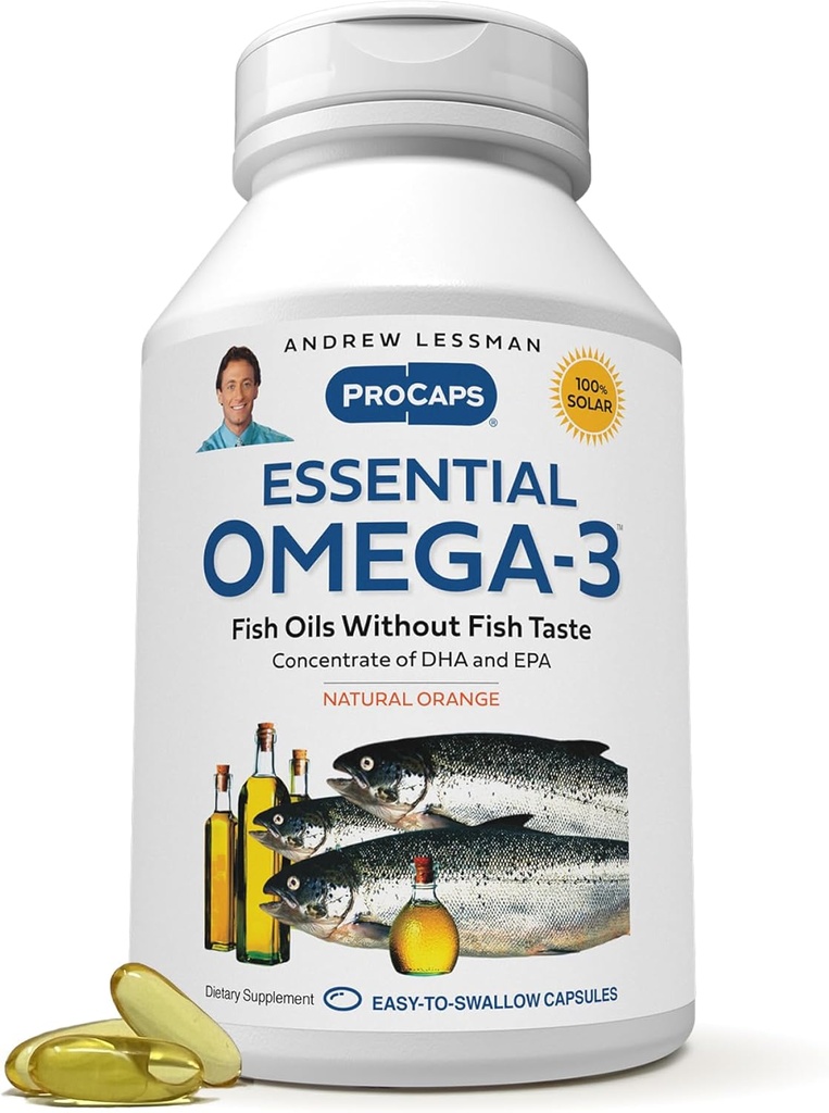 ANDREW LESSMAN Essential Omega-3 Orange - 60 Softgels - Ultra-Pure, High Potency Omega-3 Oils. High DHA, No Stomach Upset, No Contaminants, No Mercury. Small Easy to Swallow Softgels