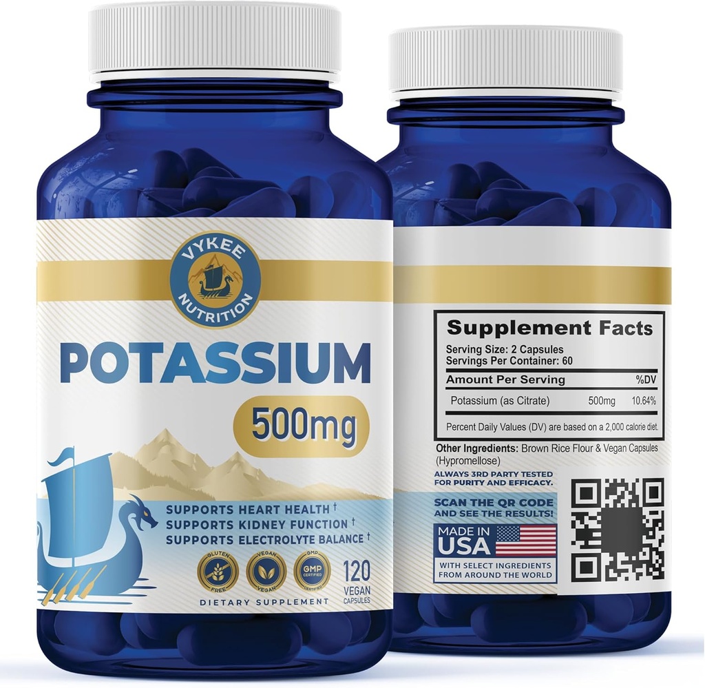 Potassium Citrate Capsules – High-Potency 500mg Potassium Per Serving | Supports Muscle Function, Electrolyte Balance & Heart Health | Vegan, Non-GMO| 1 Bottle, 120 Capsules