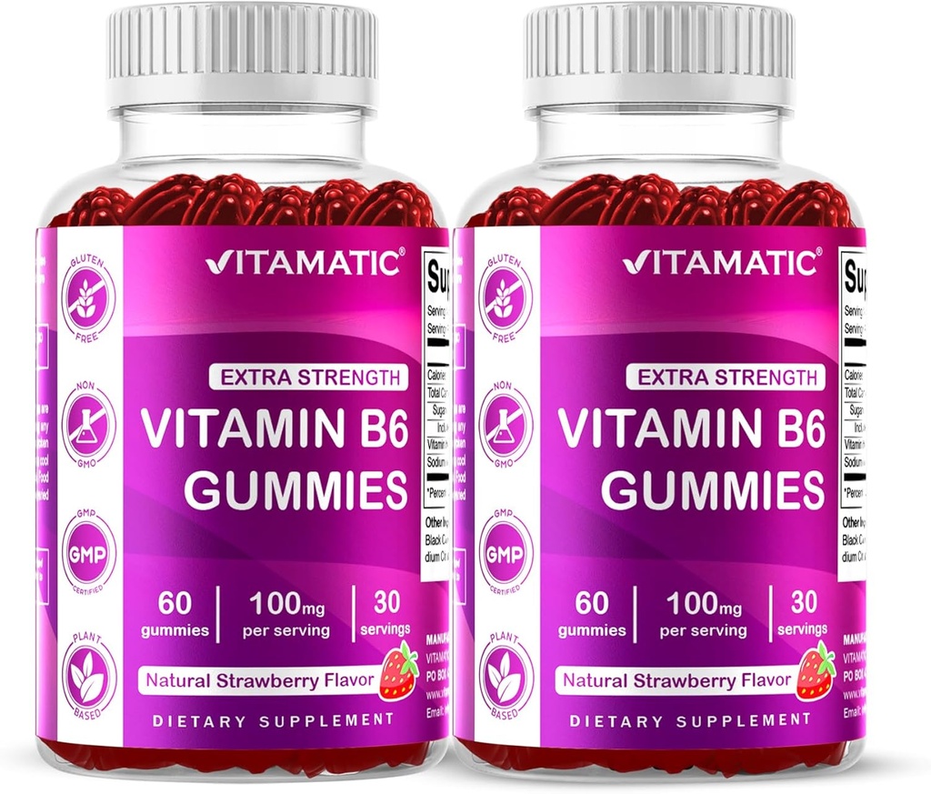 Vitamatic 2 Packs Vitamin B6 100mg Gummies – Natural Strawberry Flavor – 60 Pectin-Based Gummies per Bottle – Nervous System & Energy Support