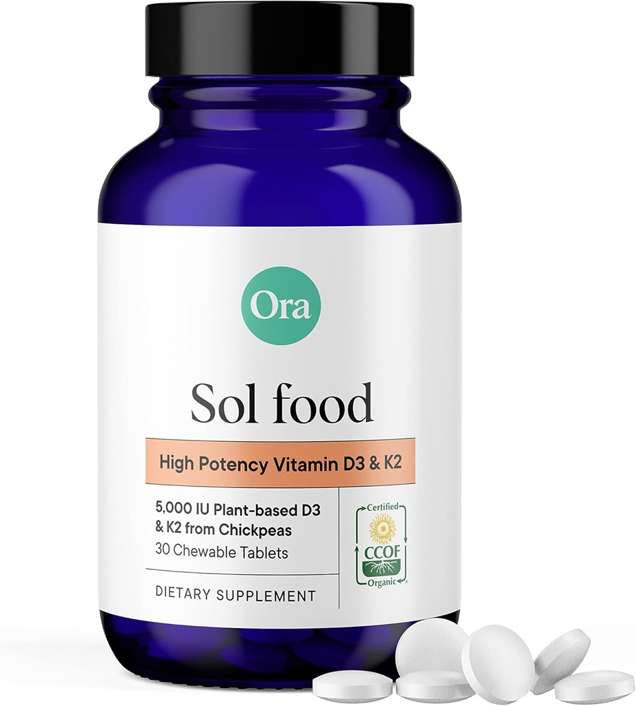 Ora Organic Vitamin D3 5000IU + K2 - Vegan Vitamin D from Lichen and K2 from Chickpeas for Bone Health, Immune Support, & Mood, Maximum Absorption - 1 Month Supply, 30 Chewable Tablets
