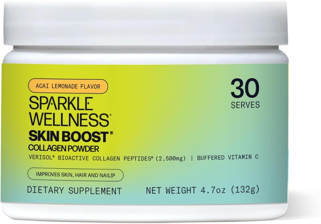 Sparkle Wellness VERISOL Bioactive Hydrolyzed Collagen Peptides | Collagen Powder Supplement with Vitamin C for Skin, Hair & Nail Health | Skin Boost (Acai Lemonade) [30-Serves]