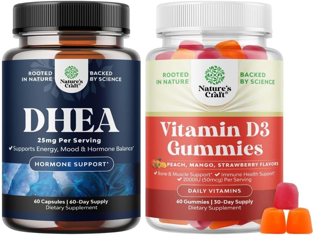 Bundle of Pure DHEA 25mg for Women and Men for Immune Support and Vitamin D3 Gummies for Daily Wellness for Bone Muscle & Immune Support