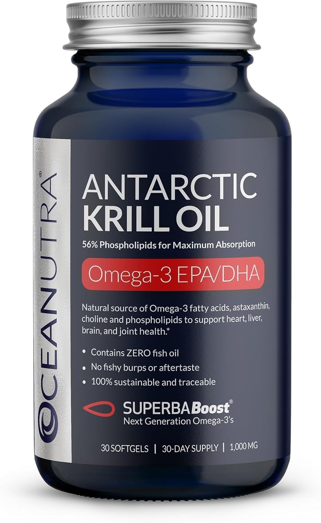 100% Pure Krill Oil 1000mg, Omega 3, Highest Concentration 56% Phospholipids, Choline & Astaxanthin, Sustainable Antarctic SuperbaBoost, DHA, EPA, Heart, Brain, Eye & Skin Care, No Fish Oil