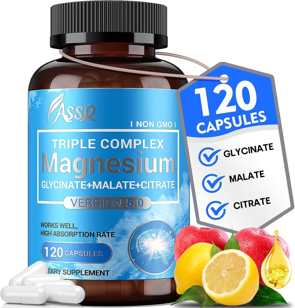 ASSR Triple Magnesium Complex – 300mg Magnesium Supplement with Glycinate, Malate & Citrate – Supports Relaxation, Muscle & Nerve Function – High Absorption, Vegan, Non-GMO, 120 Capsules