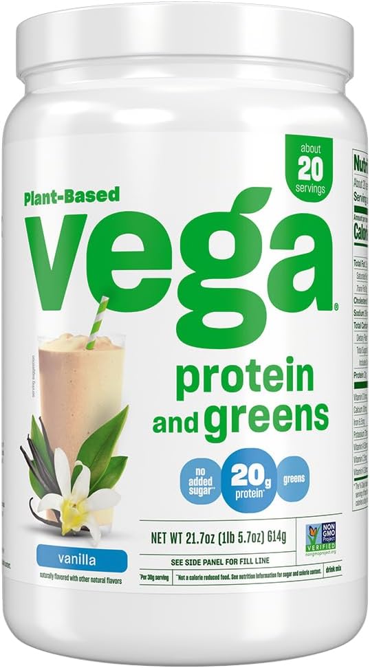 Vega Protein and Greens Protein Powder, Vanilla - 20g Plant Based Protein Plus Veggies, Vegan, Non GMO, Pea Protein for Women and Men, 21.7 Ounce (Packaging May Vary) (Pack of 1)