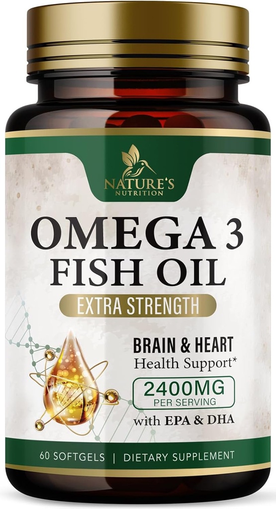 Omega 3 Fish Oil Supplements 2400 mg - Triple Strength Omega3 - EPA & DHA with Essential Fatty Acids - Natural Immune, Brain & Heart Health Support - Burpless, Lemon Flavor, Wild Caught - 60 Softgels
