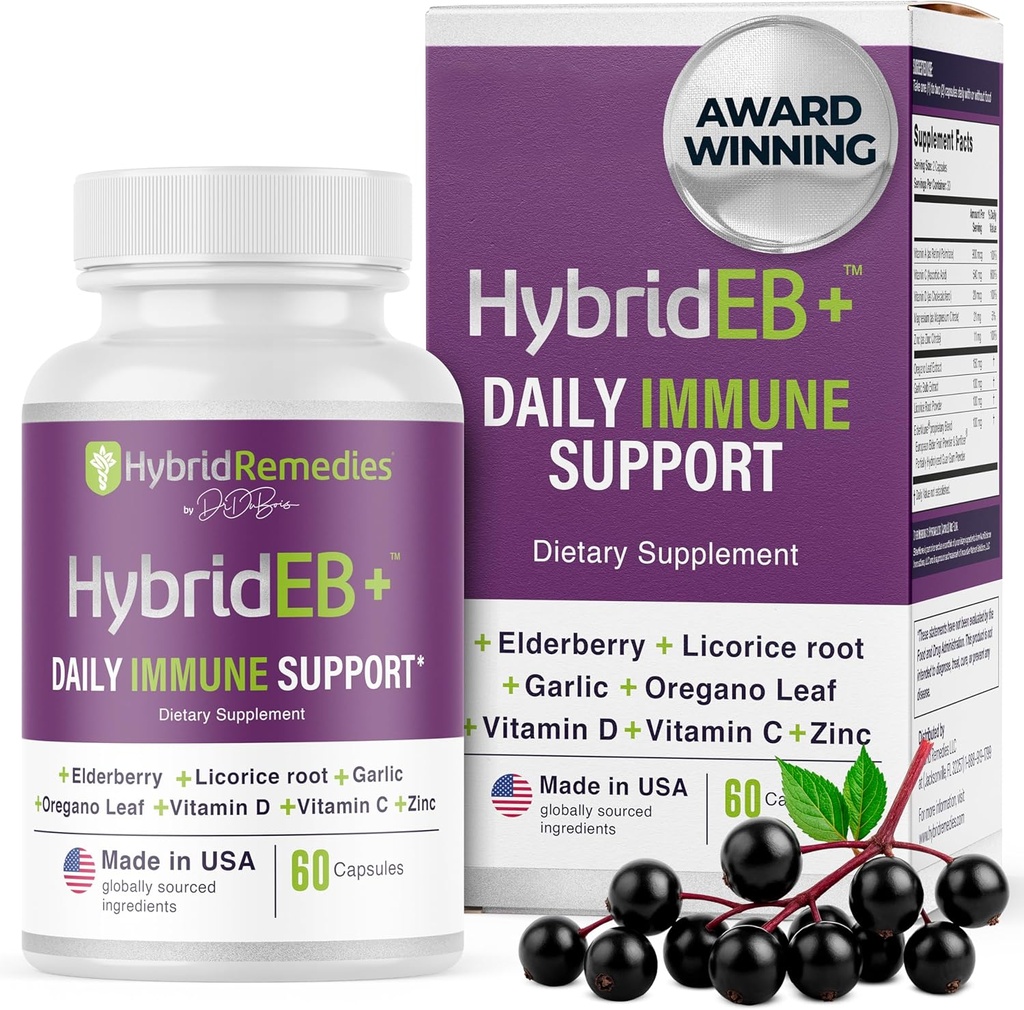 HybridEB Sambucus Elderberry Immune Support with Vitamin C, Zinc, Vitamin D3 - Antioxidant & Immunity Supplement, 1 Month Supply - 9 in 1 Black Elderberry Kids and Adults - 60 Capsules