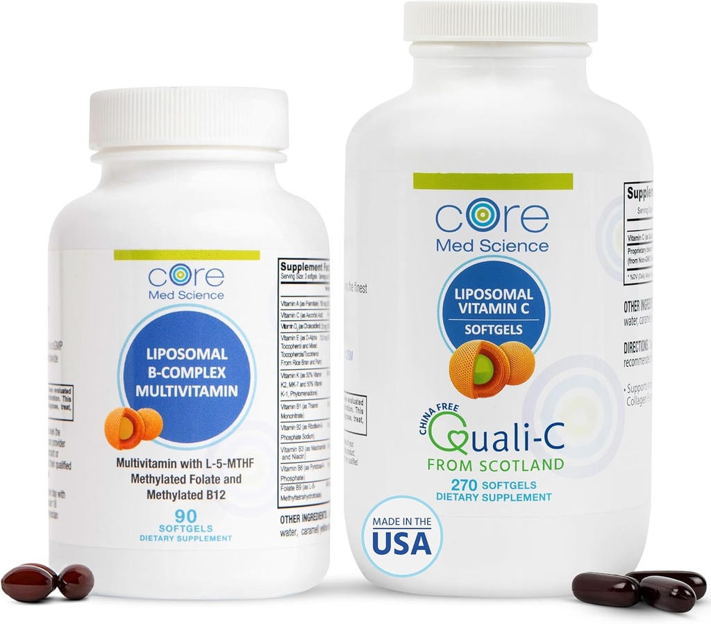 Core Med Science Liposomal Vitamin B-Complex & Vitamin C 1000mg Soft Gels Bundle for Heart Health & Immune System