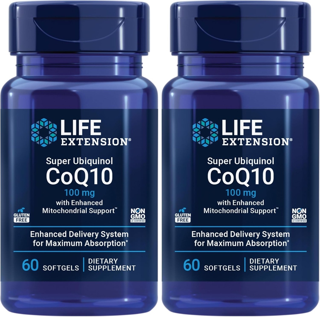 Life Extension Super Ubiquinol CoQ10 with Enhanced Mitochondrial Support, ubiquinol CoQ10, shilajit, potent heart health & cellular energy production support, ultra-absorbable, gluten-free, 60 softgel