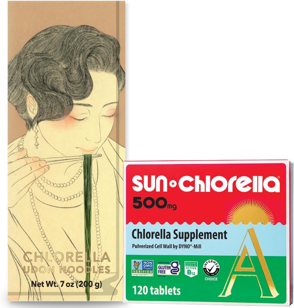 Sun Chlorella Green Goodness Bundle - 500mg Superfood, Non-GMO 120 Tablets + Udon Noodles Chlorella, Ready to Cook, Vegan, Vegetarian 7.8 oz (4 Servings)