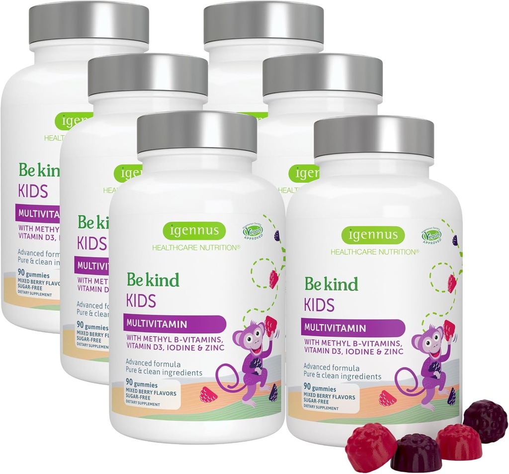 Igennus Methylated Kids Multivitamin Gummy, MTHFR, No Artificial Sweeteners or Flavors, Sugar Free, Age 4+, 90 Natural Berry Flavor Gummies from Fruit Powder, Non-GMO, Halal, Clean Label x6