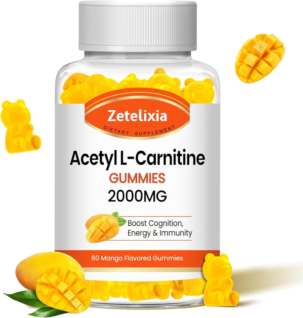 Acetyl L-Carnitine Gummies, L-Carnitine Supplement for Women & Men, Nutrition Supplement for Boost Energy, Immunity & Brain Health, Vegan, Non-GMO, Mango Flavor, 60 Count