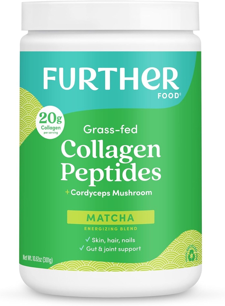 Further Food Matcha Collagen Peptides Powder - Organic Matcha & Cordyceps for All Day Energy, Mental Clarity & Immunity & Premium for Gut Health, Joints, Skin, Hair & Nails 10.62 oz