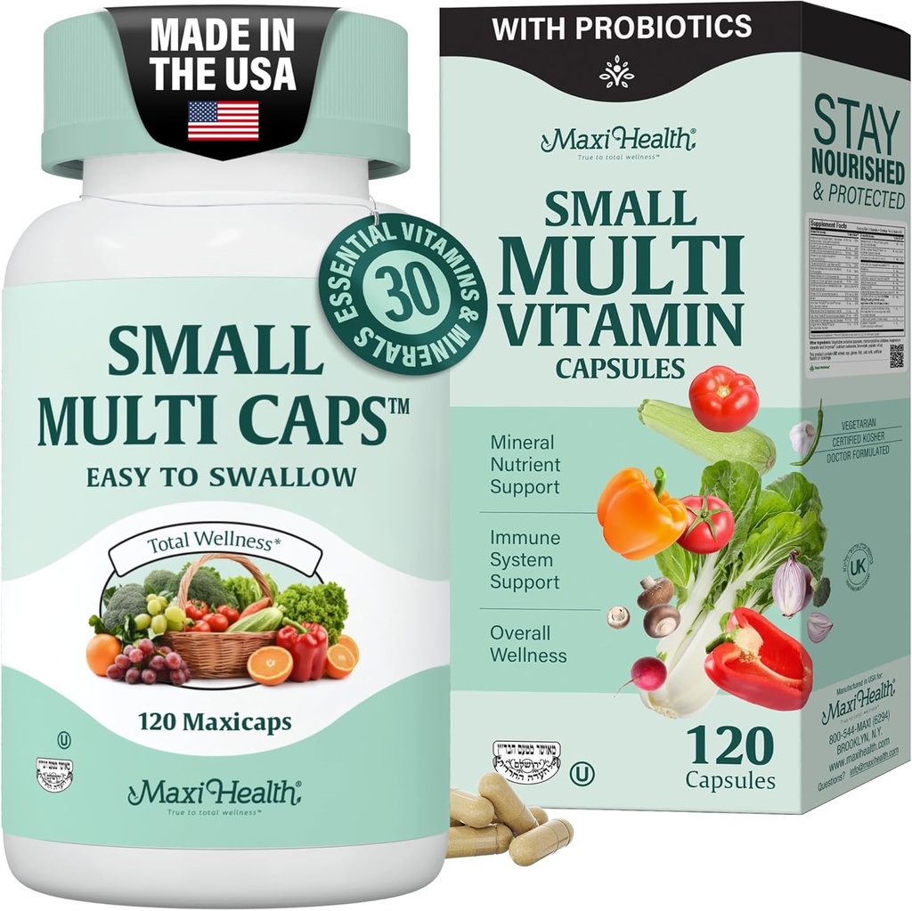 Maxi Health Multivitamin – Easy to Swallow Multi Vitamin Capsules with 30 Nutrients, Iron & Probiotics – Kosher Daily Multivitamins Small Capsules for Wellness Support & Digestive Ease (120 Units)
