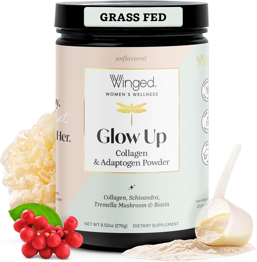 Winged Wellness Glow Up, Collagen Powder for Women - Hair, Skin & Nails Beauty Supplement with Grass-Fed Hydrolyzed Collagen Peptides Adaptogens, Vitamin C & Biotin - 25 Servings, Unflavored