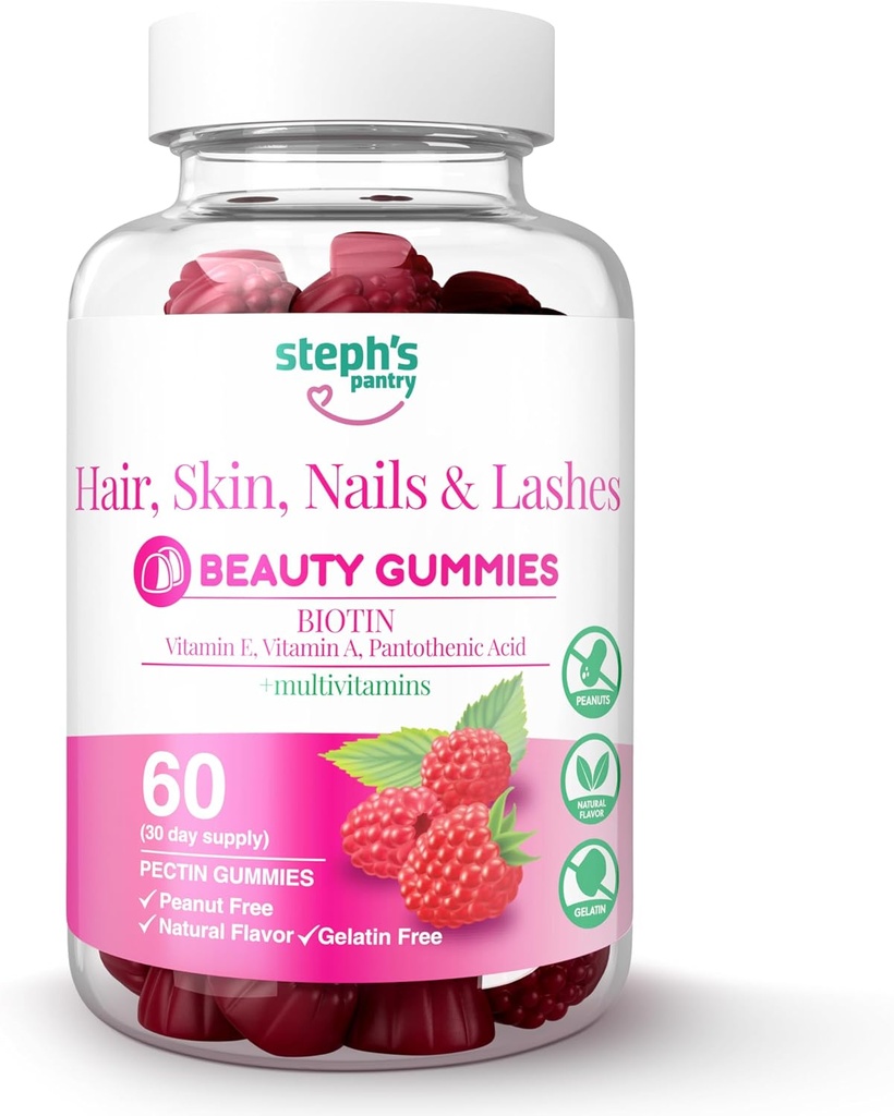 Steph's Pantry Biotin Gummies for Hair, Skin, Nails, & Lashes High Strength Gummies | Daily Multivitamins | Gluten-Free, Nut-Free, Non-GMO, Plant-Based, Vegan, Kosher | (60 Gummies)