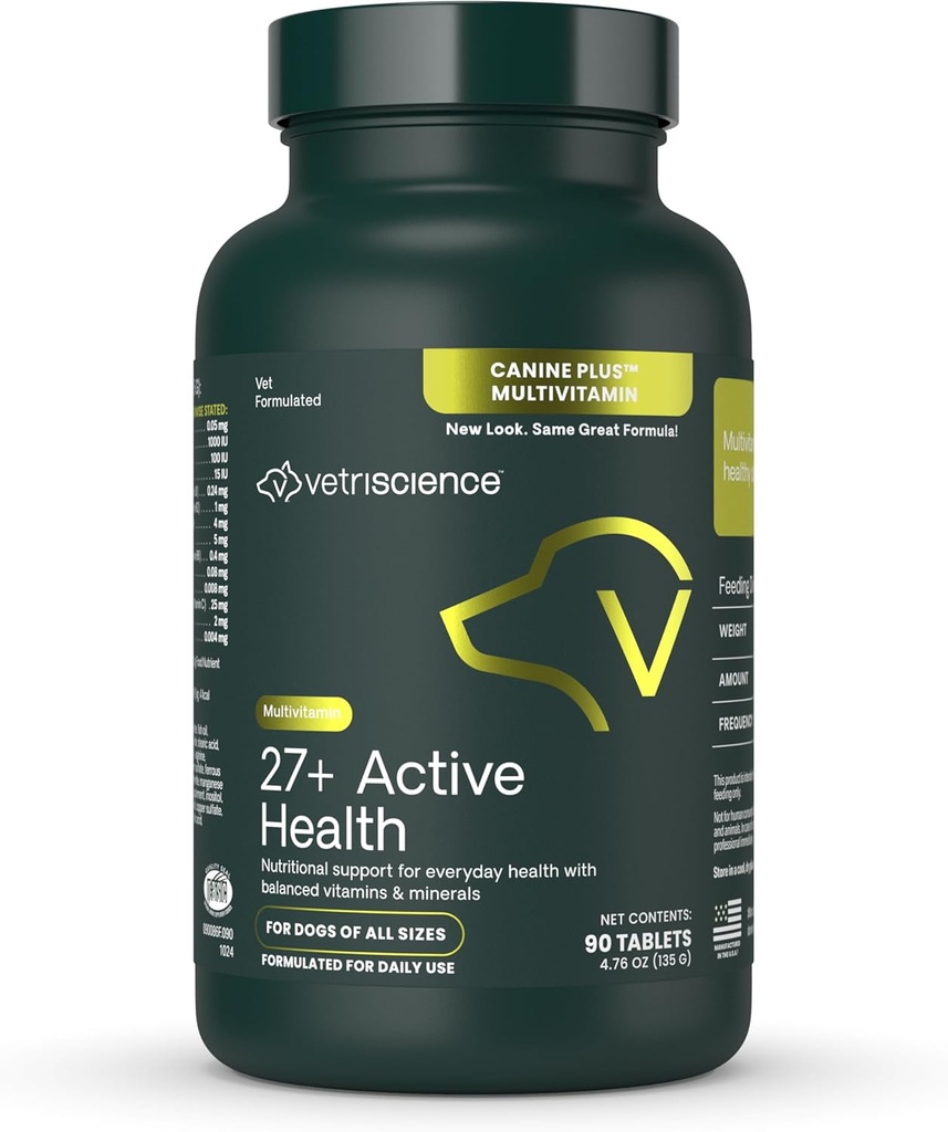 VetriScience 27+ Active Health Chewable Tablets, Canine Plus Daily Multivitamin for Puppies and Adult Dogs, Balanced Vitamins, Minerals and Antioxidants, Health and Wellness Support, Duck, 90 Count