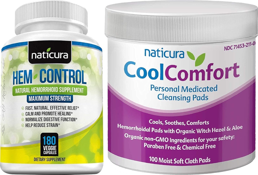 Bundle - Hem-Control Natural Hemorrhoid Supplement (180 Count) and CoolComfort Personal Cleansing Pads (100 Count) - All-Natural, Fast Acting Relief from Burning, Itching, Pain and Swelling