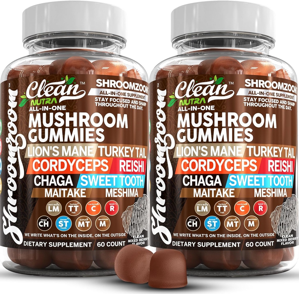 15in1 Mushroom Gummies with Lion's Mane Turkey Tail Cordyceps Reishi Chaga Sweet Toot Maitake Meshima Poria Cocos Shiitake Tremella, Oyster Agaricus Mushrooms for Men and Women Supplement - 2Pack