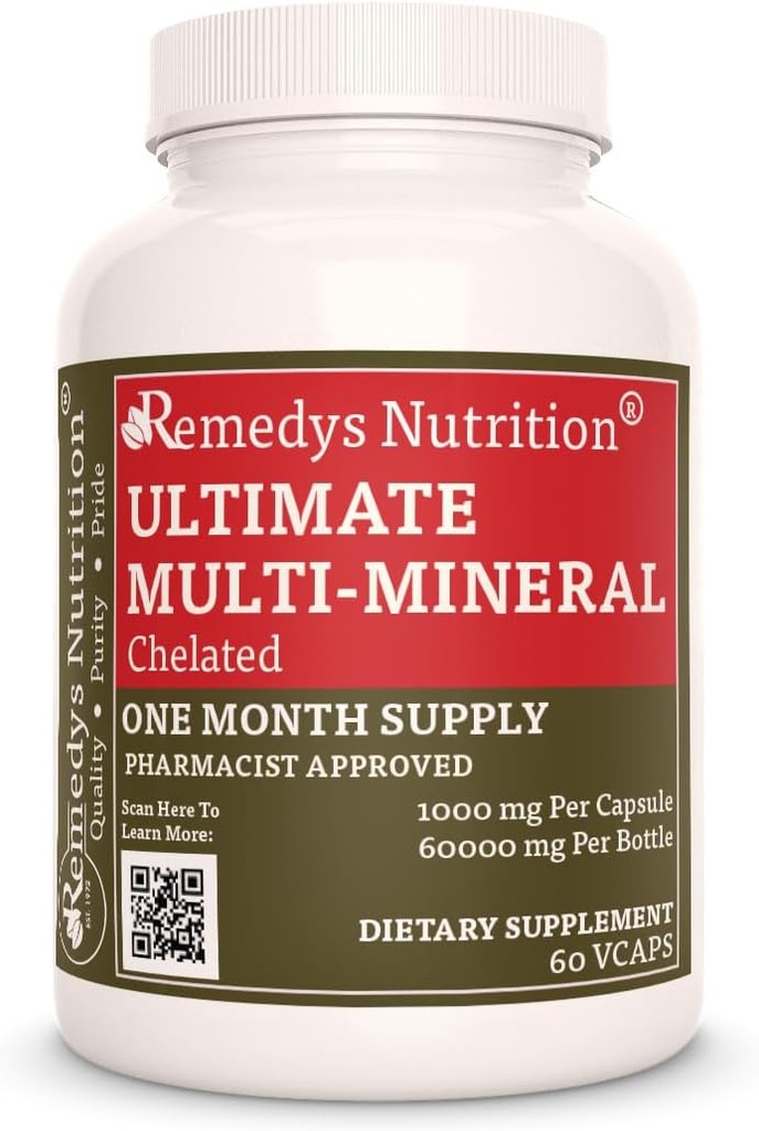 Remedy's Nutrition Ultimate Chelated Multi Mineral | 1,000mg, 60 Vegan Capsules Dietary Supplement | One Month Supply