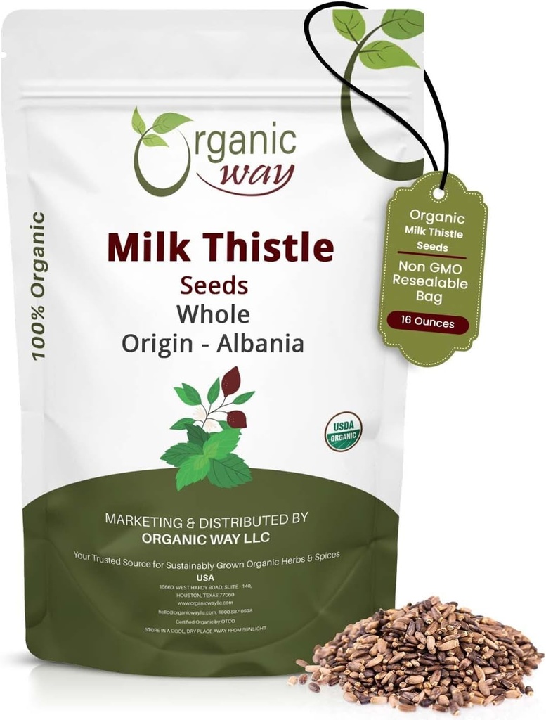 Organic Way Whole Milk Thistle Seeds (Silybum marianum) - Herbal Tea | European Wild-Harvest, Organic & Kosher Certified, Vegan, Non GMO & Gluten Free, USDA Certified, Origin - Albania (16 Oz)
