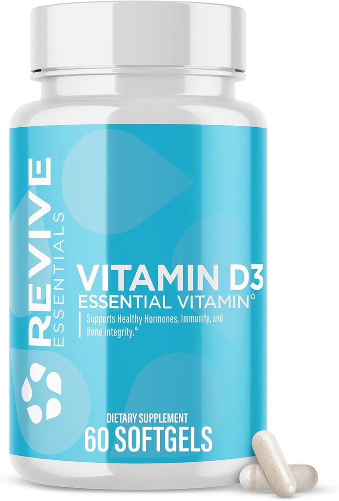 Revive MD Vitamin D3 Supplement 5000 IU – High Potency Cholecalciferol for Immune Support, Calcium Absorption, Bone & Muscle Health – Non-GMO Dietary Supplement, No Fillers (60 Softgels, 60 Servings)