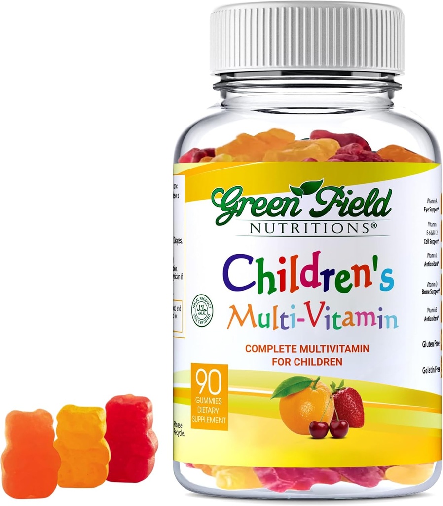 Greenfield Nutritions Kids Gelatin Free Halal Multivitamin Gummies - All Essential Halal Vitamins A, Bs, C, D, Iodine, Zinc for Immunity, Non-GMO, Children's Halal Vitamin Gummies (90 Count)
