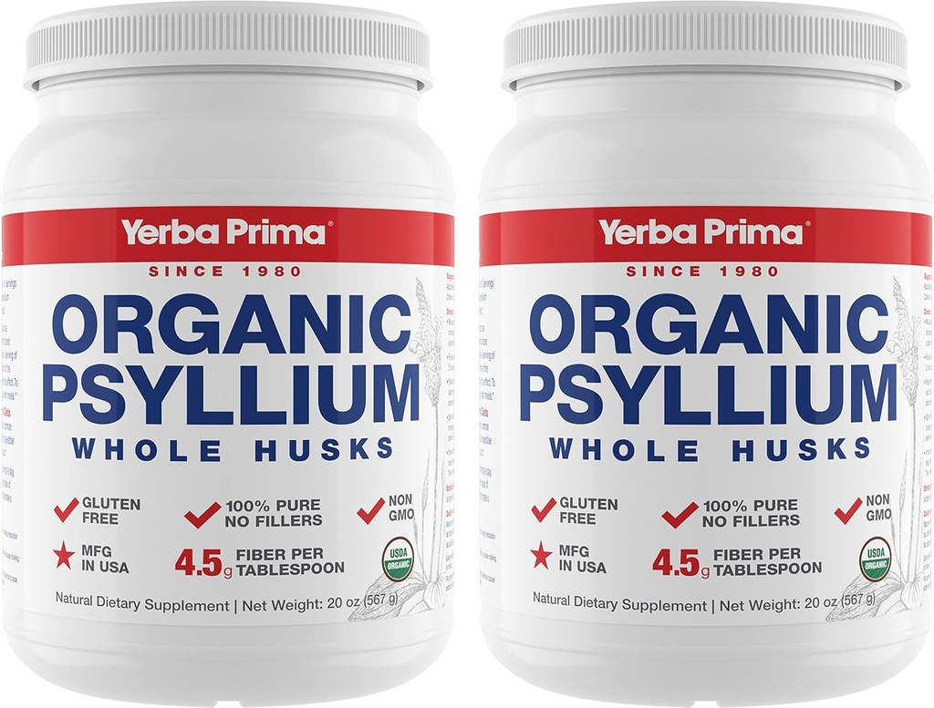 Yerba Prima Organic Whole Psyllium Husks Fiber - 20 oz (Pack of 2) - Natural Daily Dietary Fiber Supplement, Colon Cleanser, Regularity & Detox Cleansing Support, Gluten Free, Non GMO, Vegan